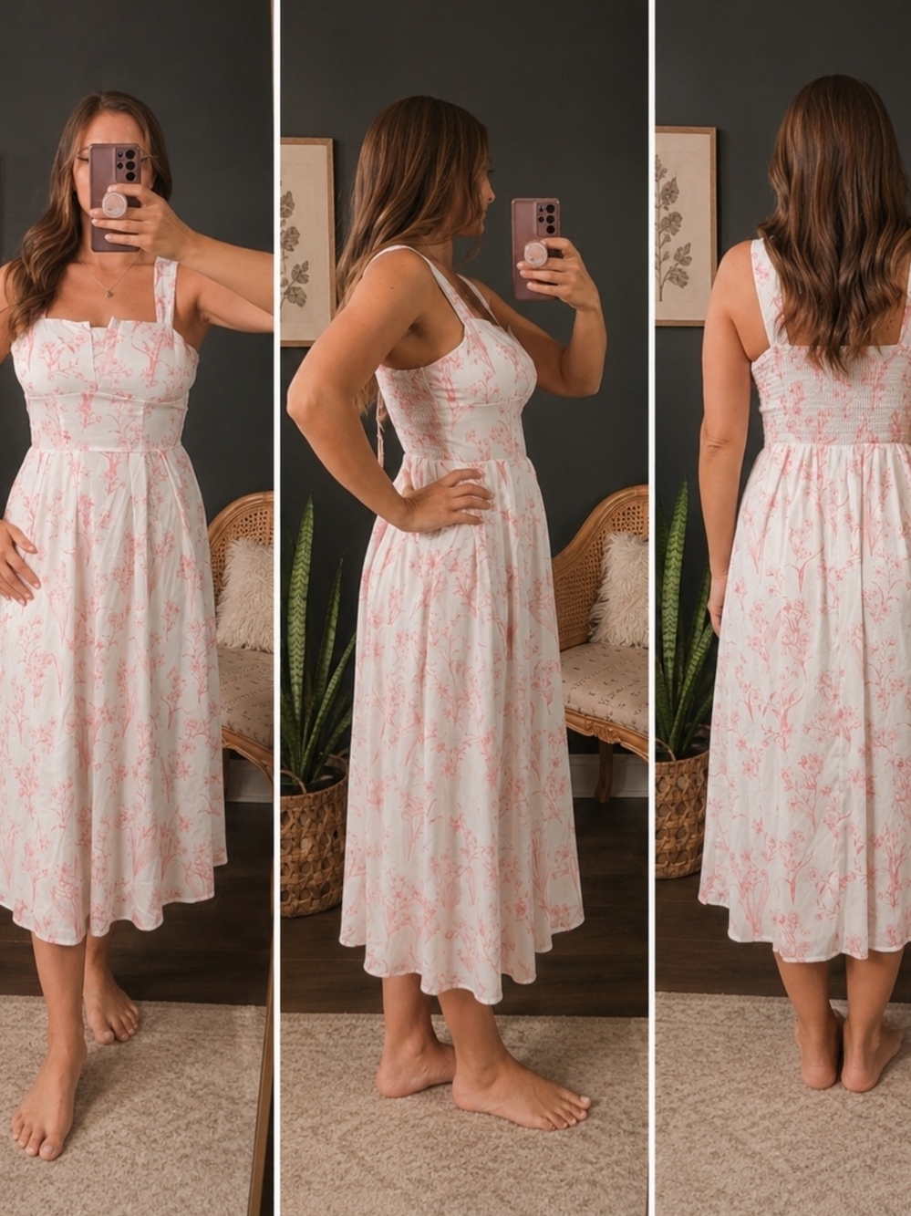 SHEIN White Midi Dress with Soft Pink Floral Print